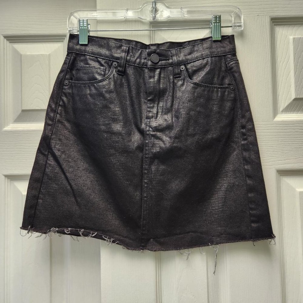 Blank NYC Coated Black Denim Raw Hem Mini Skirt - Size 24